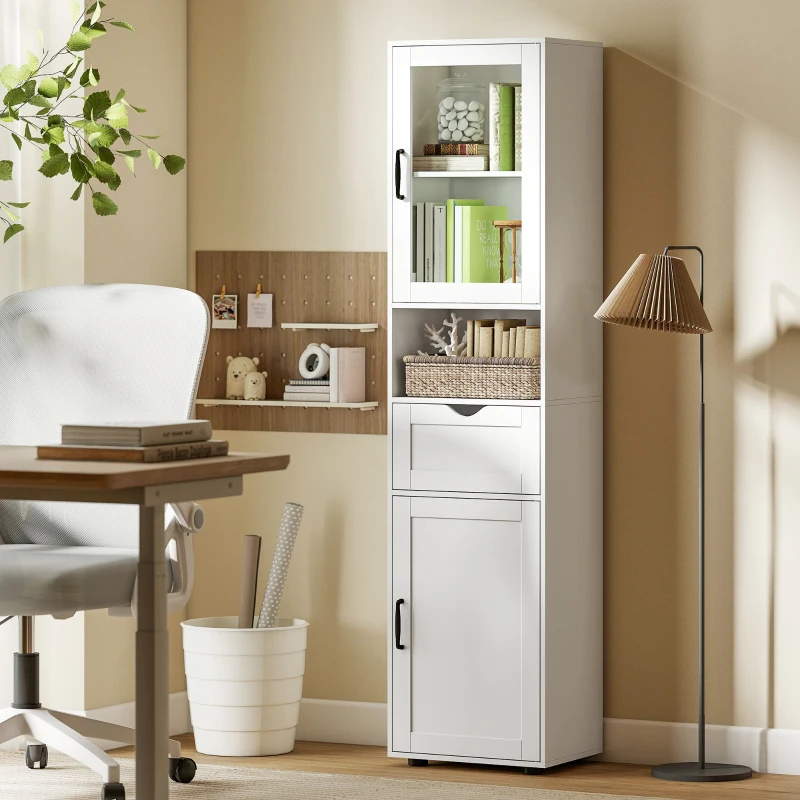 HOMCOM Coluna Casa de Banho com Porta de Vidro Prateleiras Ajustáveis Gaveta e Prateleira Aberta  40x30x165 cm Branco