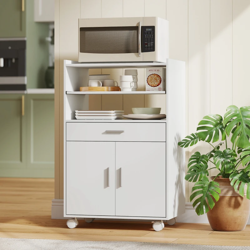 HOMCOM Chariot de cuisine sur roulettes, desserte micro-onde à roulettes avec placard tiroir étagères, 59 x 40 x 92 cm, blanc