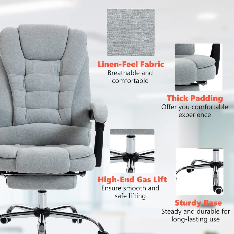 Vinsetto Sillón de oficina con masaje y calefacción, silla de oficina, altura regulable, respaldo reclinable, 65x70x111-119cm, gris