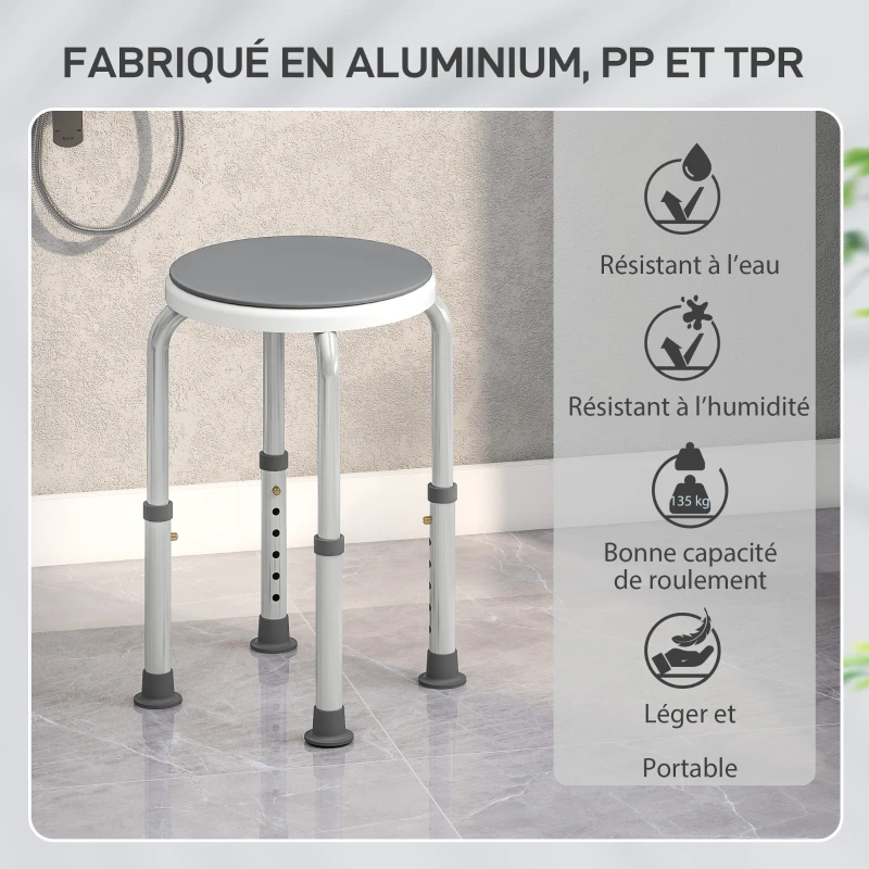 HOMCOM Tabouret de douche siège de douche antidérapant tabouret de bain hauteur réglable pivotant à 360° en aluminium