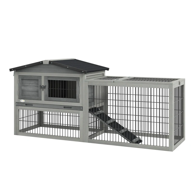 PawHut Clapier de sol cage à lapin cottage niche supérieure avec rampe enclos extérieur 150 x 52 x 68 cm gris