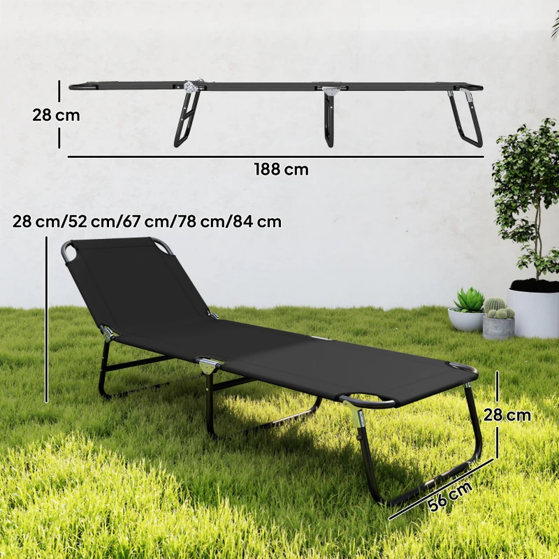 Outsunny Tumbona Plegable Reclinable con Ángulo Ajustable de 5 Posiciones para Jardín Exterior Piscina Terraza Camping Carga 120 kg 188x56x28 cm Negro
