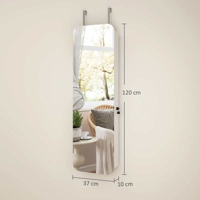 HOMCOM Schmuckspiegel mit LED-Licht, an Wand oder Tür montierbar, mit Schloss, Ganzkörperspiegel, 2 Schubladen, Weiß