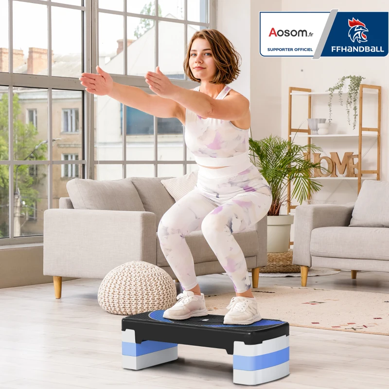 Stepper Fitness Aerobic - Aosom.fr x FFHandball - hauteur reglable surface antiderapante 80 x 31 x 20 cm noir bleu