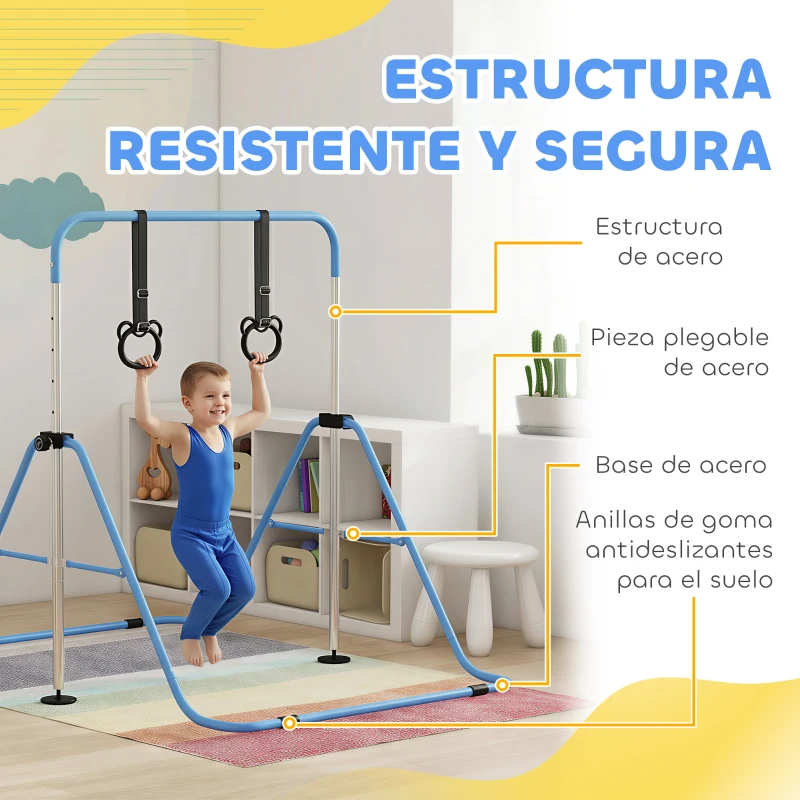 HOMCOM Barra de Gimnasia para Niños con Altura Ajustable en 5 Niveles y Anillos Entrenamiento de Gimnasia Plegable en Casa Azul