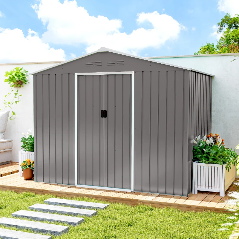 Outsunny Cobertizo de Jardín Exterior 3,6 m² 236x171x191 cm con Puerta Corredera Techo Inclinado Ranuras de Ventilación Gris