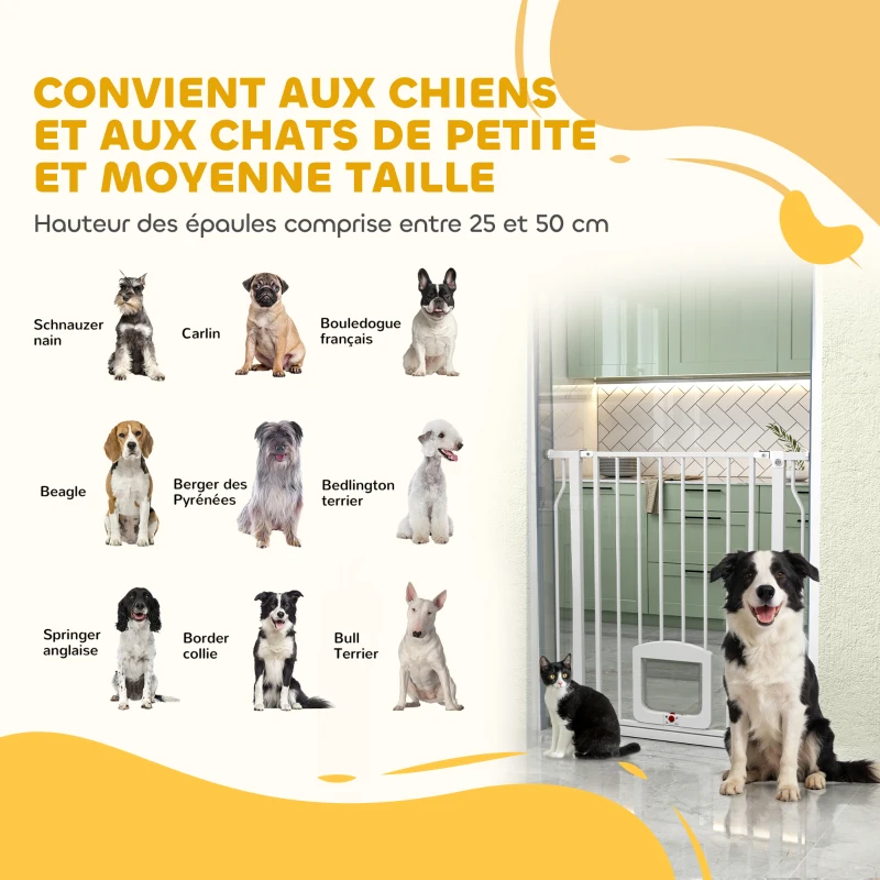PawHut Barrière de sécurité chien extensible 75-85 cm, barrière d'escalier double verrouillage, hauteur 76 cm, blanc