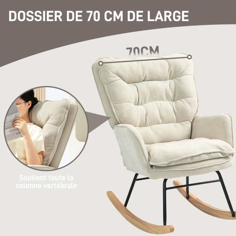 HOMCOM Fauteuil à bascule, rocking chair en chenille, dossier et assise larges rembourrés, accoudoirs, 71 x 98,5 x 97 cm, beige