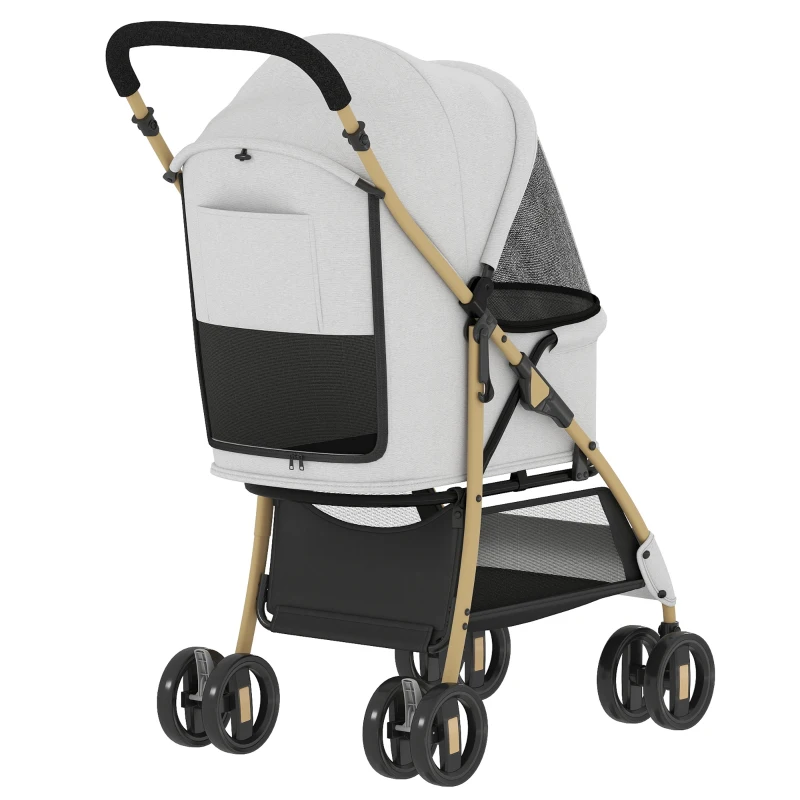 PawHut Carrito para Mascotas con 2 Puertas Ventana de Malla Cesta de Almacenamiento Cuerda de Seguridad 80x44,5x97 cm Gris Claro