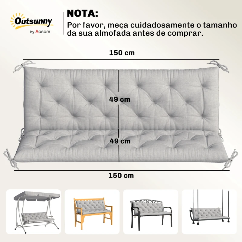 Outsunny Almofada para Banco de Jardim com Encosto Enchimento Espesso e Fitas de Fixação para Interior e Exterior 150x98x8 cm Cinza