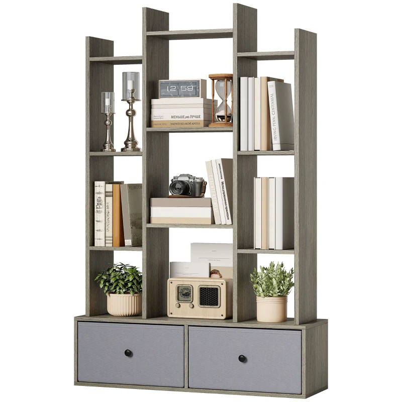 HOMCOM 12 Shelf Storage Unit, with Drawers - Graphite Wood Effect