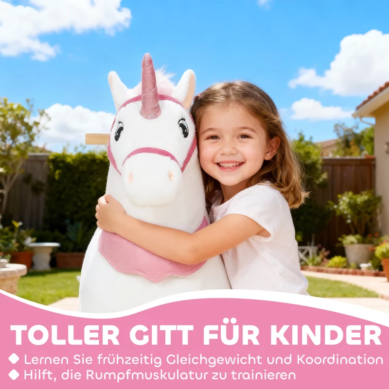 AIYAPLAY Reitpferd für Kinder, Einhorn-Design, Stoffbezug, stabiler Rahmen, sanfte Räder, Schaukelpferd, 3-5 Jahre, Weiß