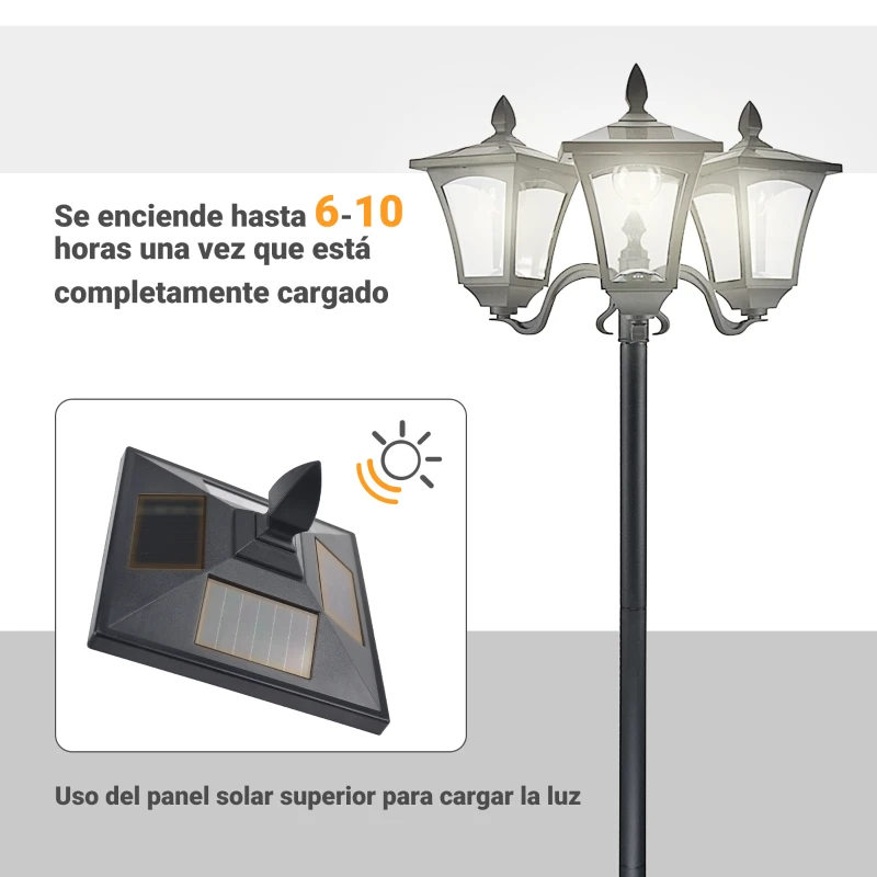 Outsunny Farola Solar de Jardín con 3 Luces LED Impermeable IP44 Sensor de Noche Farol de Exterior 51,5x47x182,5cm Negro