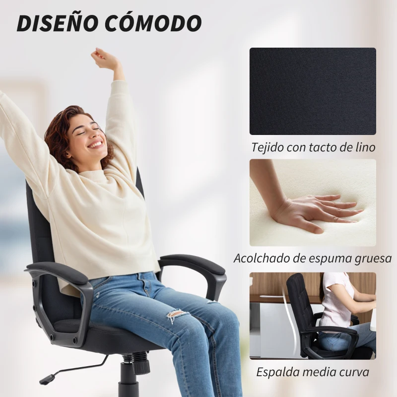 Vinsetto Silla de Oficina Giratoria Tapizada en Lino Sintético Altura Ajustable Basculante Respaldo Medio Reposabrazos Negro