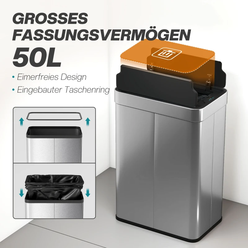 HOMCOM Sensor-Mülleimer, 55 L Kapazität, Schmetterlingsdeckel, öffnet automatisch, Edelstahl, Silberfarben