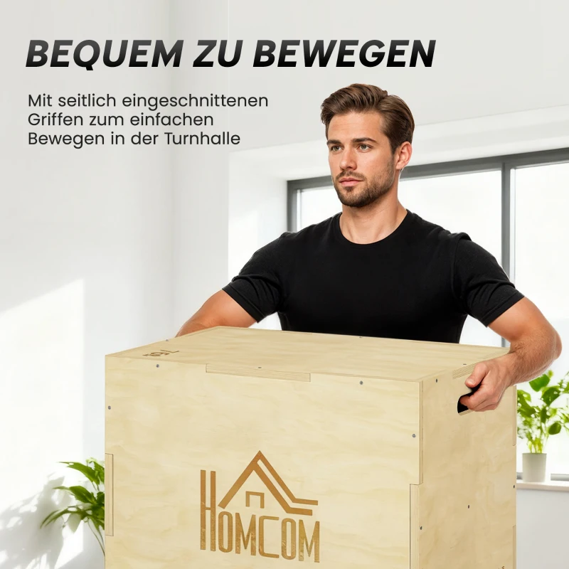 HOMCOM 3-in-1 Plyo Box Holz Plyometrische Sprungbox mit 3 Sprunghöhen Griffen 61 x 51 x 76 cm Naturholz