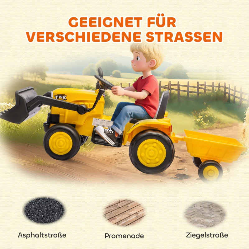 AIYAPLAY Elektrisches Aufsitz-Baufahrzeug, Spielzeugbagger mit Anhänger, 3-8 Jahre, Kunststoff, Stahl, Gelb