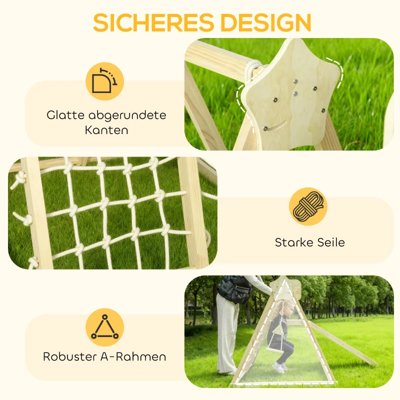 AIYAPLAY 5-in-1 Indoor-Klettergerüst mit Rutsche, Schaukel, Kletternetz, Basketballkorb, klappbar, 3-6 Jahre, Naturholz