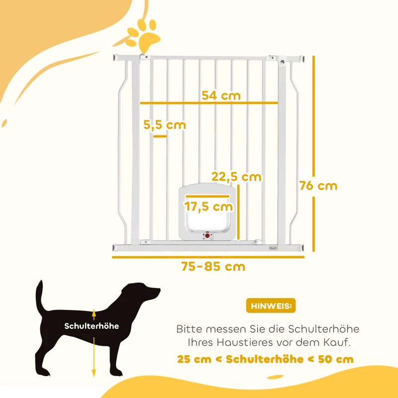 PawHut Treppenschutzgitter Türschutzgitter mit Katzenklappe ohne Bohren 75-85 cm aus Stahl für Hunde, Treppen, Tür, Weiß
