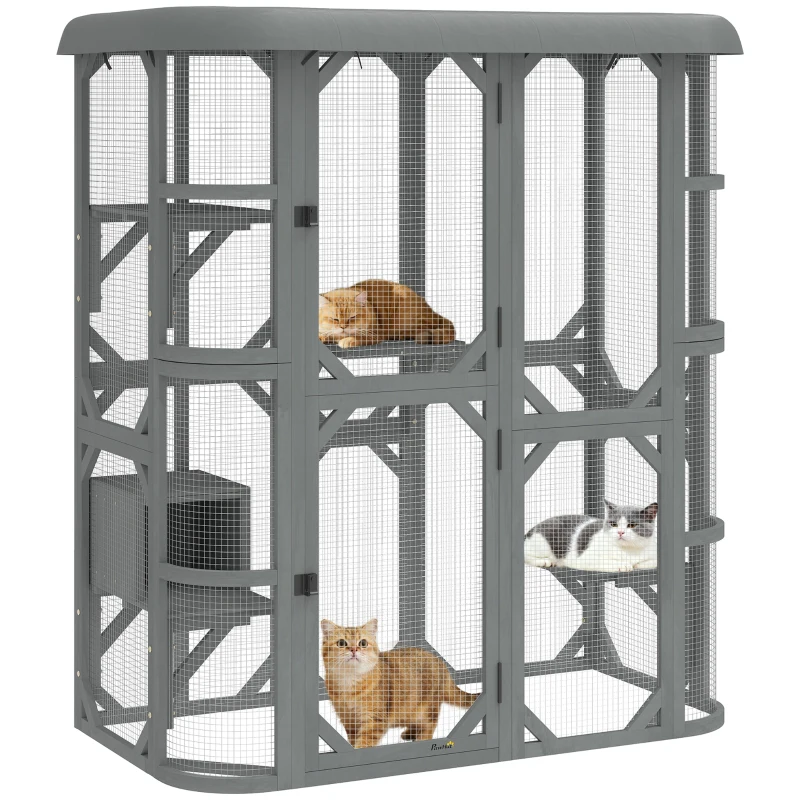 PawHut Catio Outdoor Cat Enclosure,  Wooden Cat House with Platforms, Condo and Waterproof Cover for 2–3 Kittens, Grey