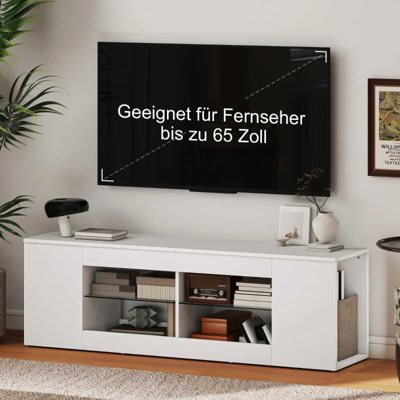 HOMCOM 140 cm TV-Ständer, Fernseh-Kommode, 6 Fächer, 2 Glasregale, Spanplatte, Weiß