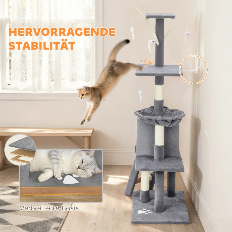 PawHut Kratzbaum Katzenbaum mit Höhle, 4 Spielzeuge, Sisalstämme, große Plattform, Treppe, für Katzen unter 5 kg, Grau