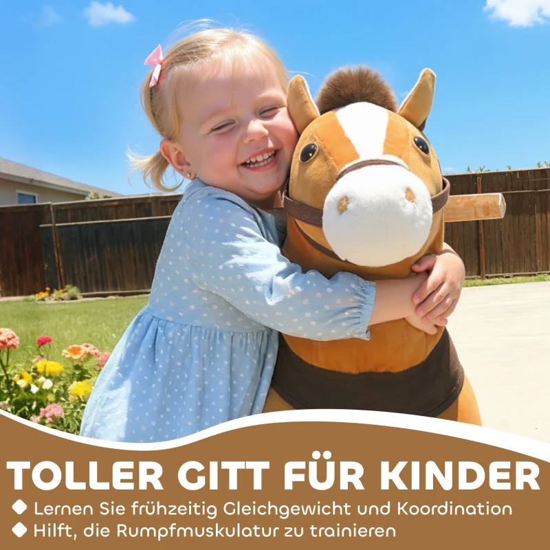 AIYAPLAY Reitpferd für Kinder, Stoffbezug, stabiler Rahmen, sanfte Räder, Schaukelpferd, 3-5 Jahre, Dunkelbraun