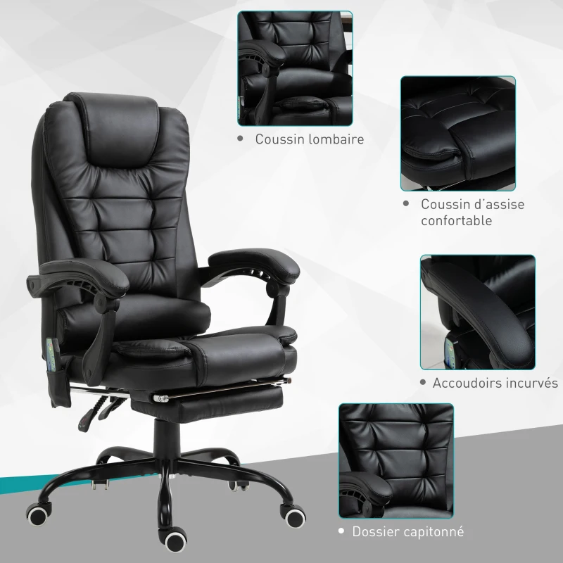 HOMCOM Fauteuil de bureau direction massant chauffant hauteur réglable dossier inclinable repose-pied + coussin lombaires intégrés revêtement synthétique noir
