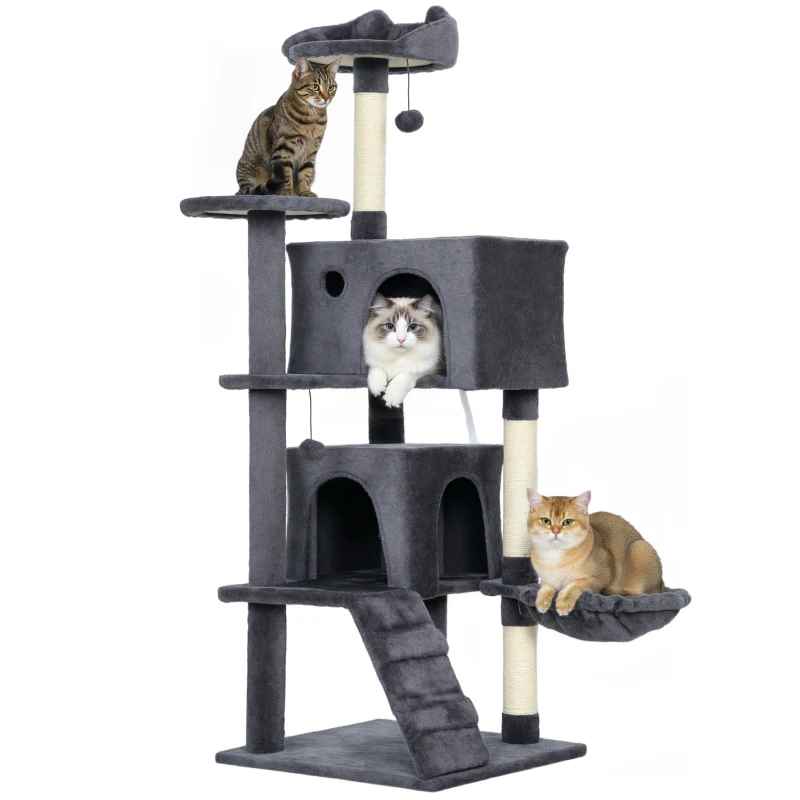 PawHut 140cm Large Cat Tree Tower with Sisal Scratching Posts, Cat Houses, Plush Perches, Hammock, Ladder, Dark Grey