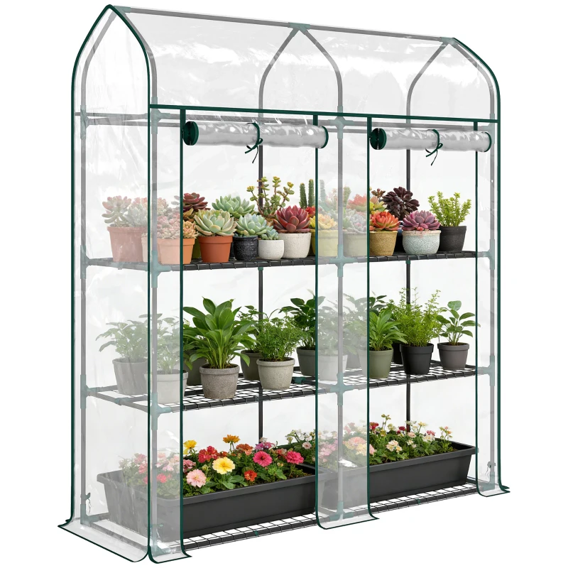 Outsunny 3-Tier Small Greenhouse 2 Roll-Up Doors Steel Frame Plastic Cover 143x46x165 cm Transparent