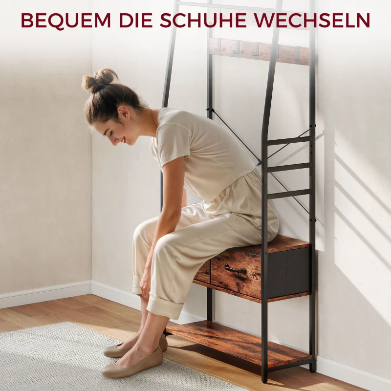 HOMCOM Garderobe mit Schuhregal, Mantelständer mit Sitzbank, 10 Haken, 2 Stoffschubladen, Kleiderstange, Spanplatte, Metall, Braun