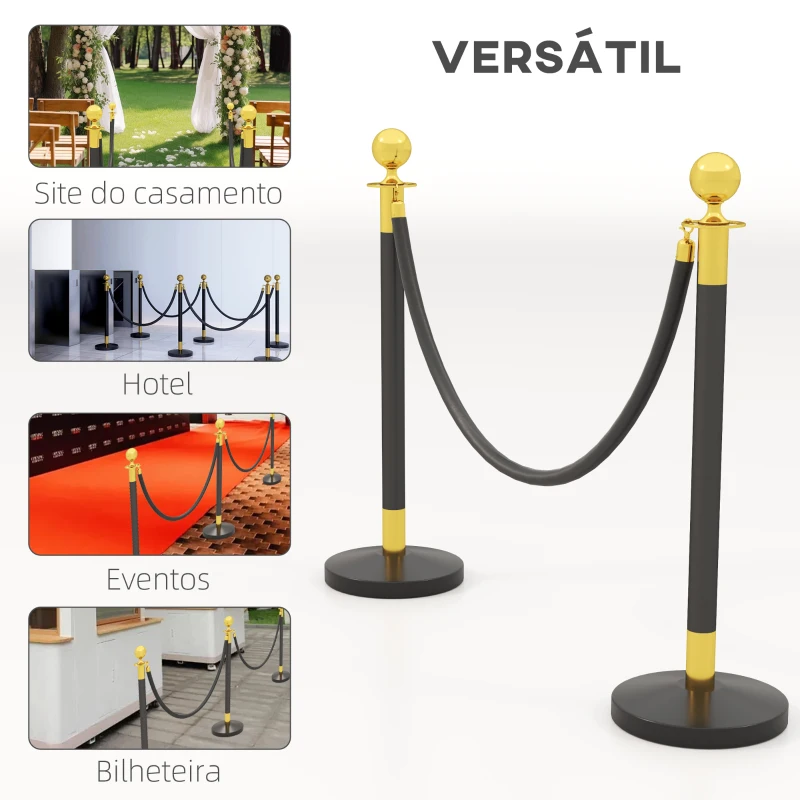 HOMCOM Postes Separadores em Aço Inoxidável 2 Unidades 96 cm de Altura Base Recarregável com Água 2 Cordas de Veludo Preto de 1,5 m para Teatro Festa Casamento Preto