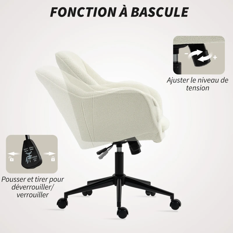 HOMCOM Chaise de bureau, fauteuil de bureau ergonomique réglable en hauteur, siège pivotante, fonction de bascule, beige