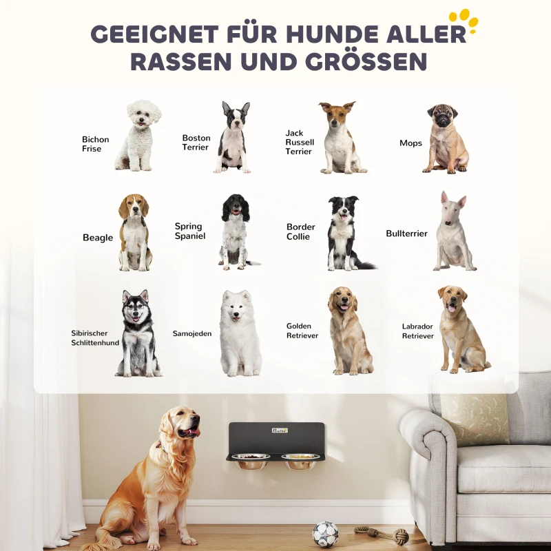 PawHut Hundenapf höhenverstellbar Wand Futternapf mit 2 x 800ml Edelstahlnäpfen 42 x 23,5 x 14 cm Schwarz