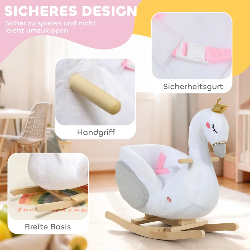 AIYAPLAY Schaukeltier, Schwan-Schaukel mit Schlaflied, weicher Füllung, Holzrahmen, für Kinder 1,5-3 Jahre, 65x40x68 cm, Weiß