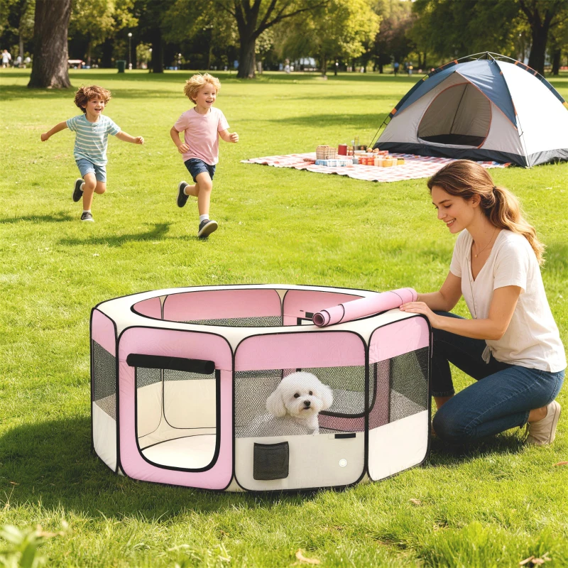 PawHut Parc Pliable pour Chiens et Chats Enclos Portable pour Petits Animaux Imperméable en Tissu Oxford Ø120x58cm Rose