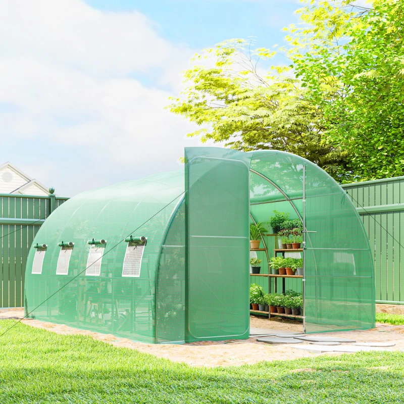 Outsunny Invernadero túnel de jardín 12 m², invernadero túnel 295x400x200cm puerta y 8 ventanas, cubierta PE 140 g/m² verde