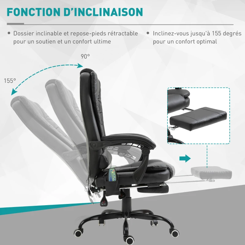 HOMCOM Fauteuil de bureau direction massant chauffant hauteur réglable dossier inclinable repose-pied + coussin lombaires intégrés revêtement synthétique noir