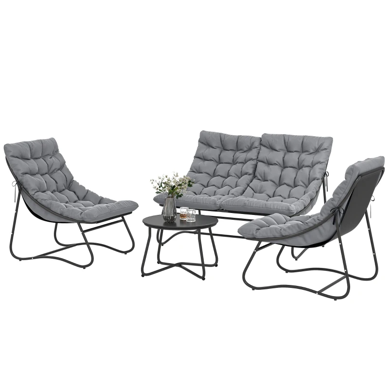 Outsunny 4-Sitzer Gartenmöbel-Set, 2 Stühle, 1 Doppel-Sofa, 1 Tisch, dicke Kissen, Stahlrahmen, für Terrasse, Grau