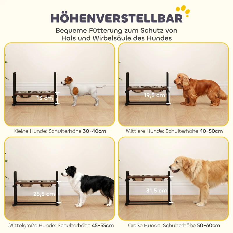 PawHut Hundenapf erhöht 4 höhenverstellbare Futternapf mit Ständer, 2 x 1,2 L Edelstahlnäpfen, 3 einstellbaren Winkeln, Braun