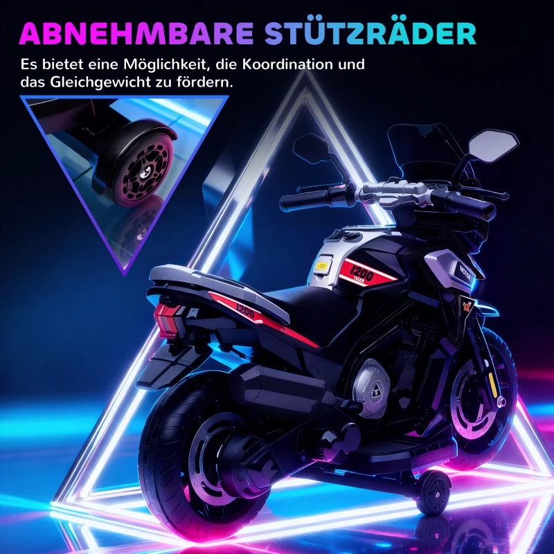 AIYAPLAY Elektro-Motorrad für Kinder von 18-36 Monaten, Aufsitz-Fahrzeug, Hilfsräder, Lichter, Musik, Kunststoff, Stahl, Schwarz