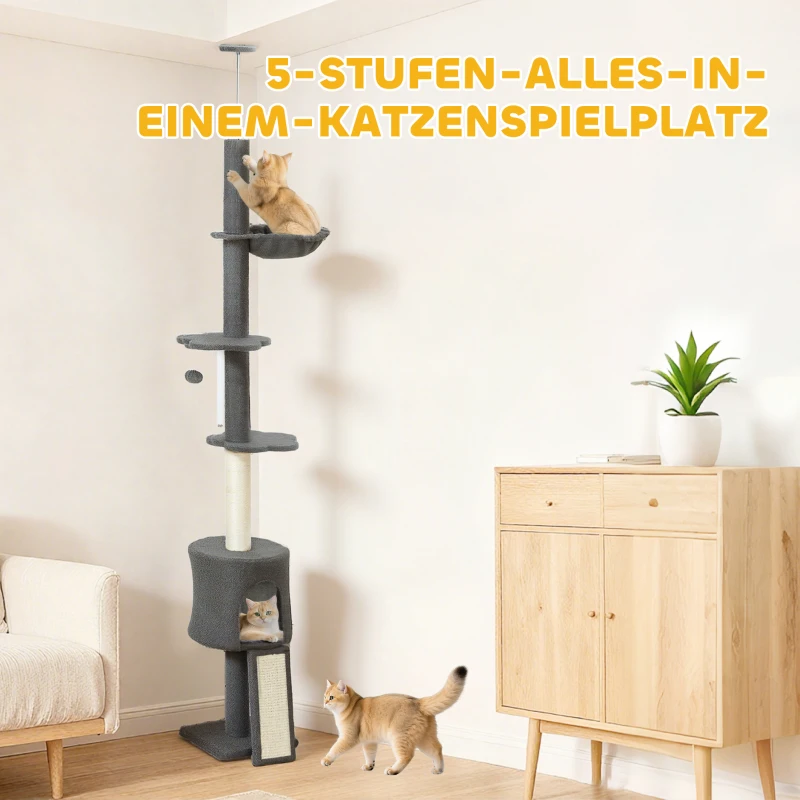 PawHut Katzenbaum, Höhle, Hängematte, verstellbare Höhe, Kratzbaum mit Stoffbezug, Grau