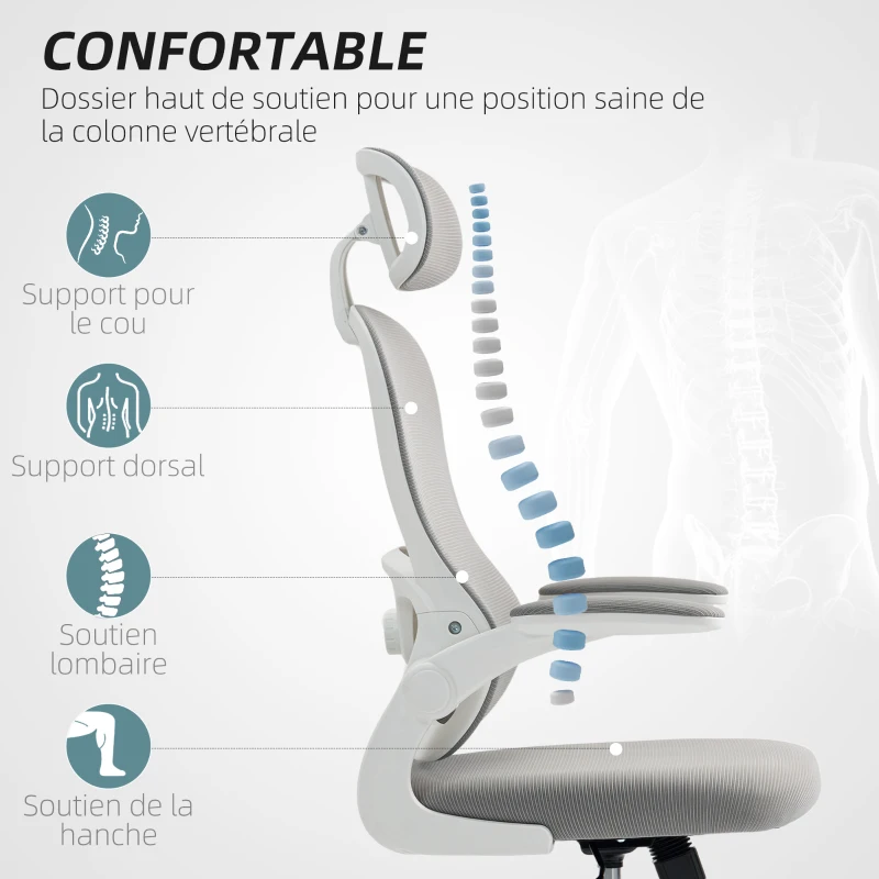 HOMCOM Chaise Bureau Ergonomique, Fauteuil de Bureau en Maille avec Accoudoirs Rabattables, Hauteur Réglable, 64x62x115cm, Gris