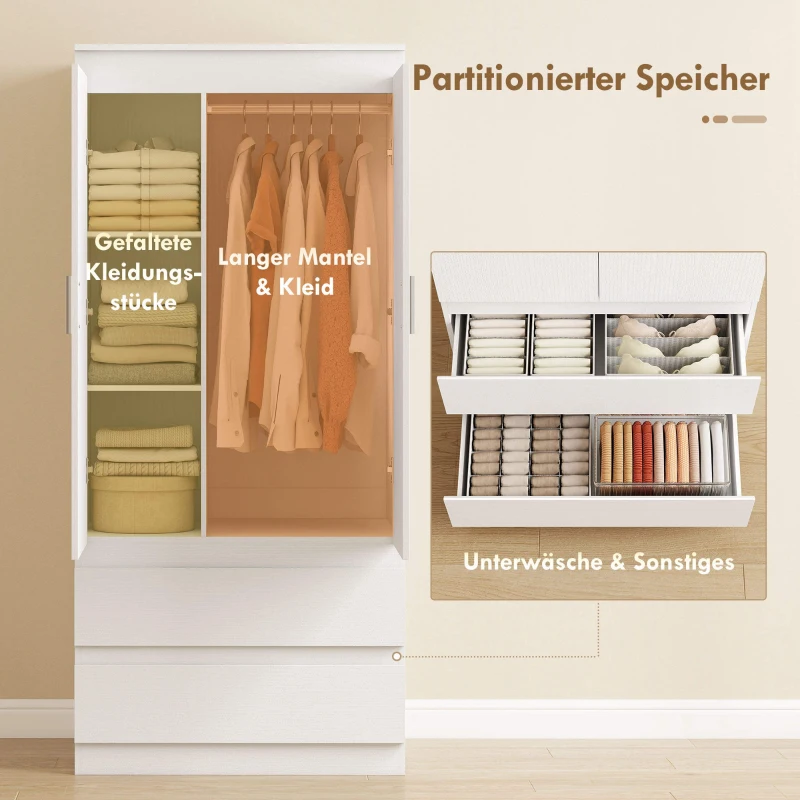 HOMCOM Schlafzimmer-Garderobe mit 2 Türen, 2 Schubladen, 3 Fächer, Holz, Weiß