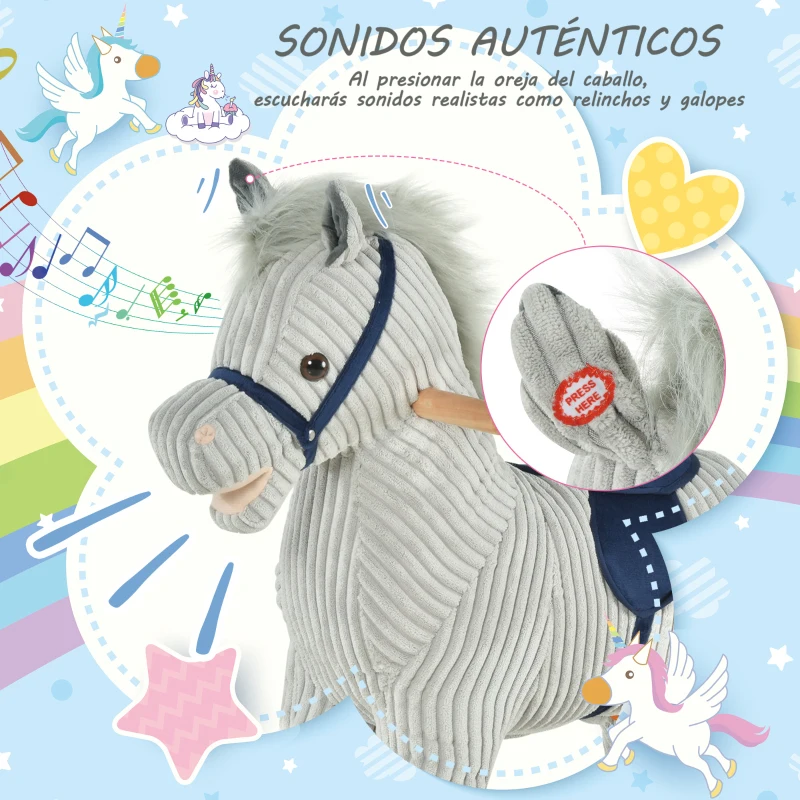 HOMCOM Caballito Balancín Infantil para Niños de +3 Años Caballo Mecedora de Felpa con Sonidos de Relincho y Galope Base de Madera Carga 45 Kg 73x35x64 cm Azul y Rayas Gris