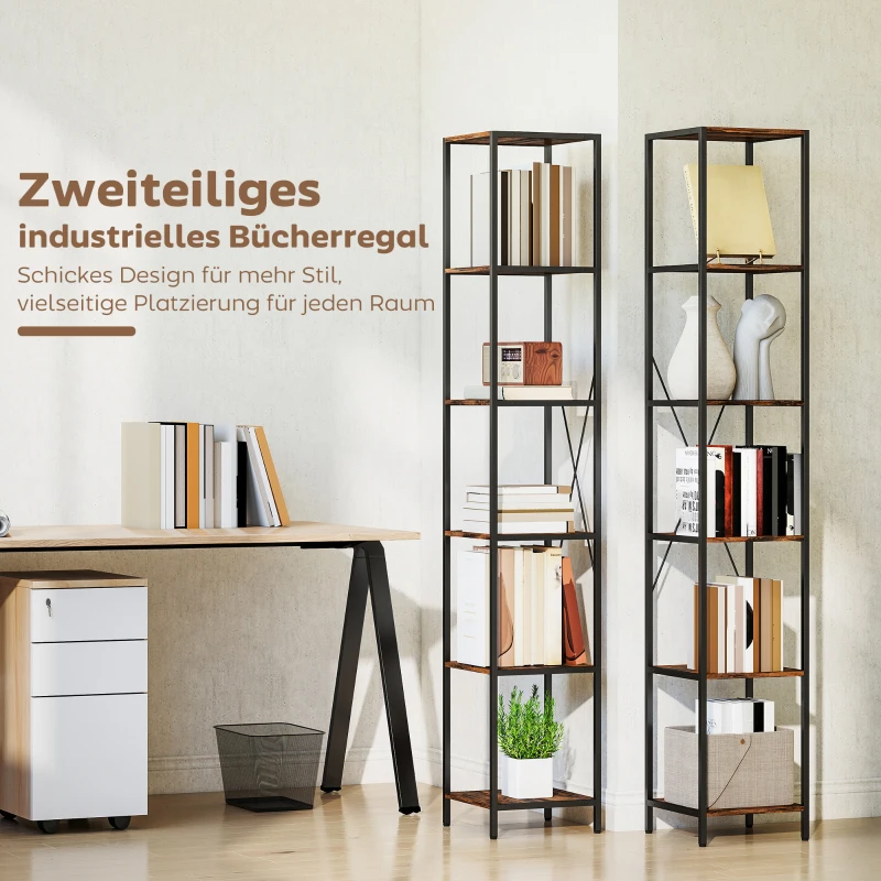 HOMCOM 2er-Set 6-Ebenen-Bücherregal, Stahlrahmen, für Wohnzimmer, Büro, Schlafzimmer, Rustikal-Braun