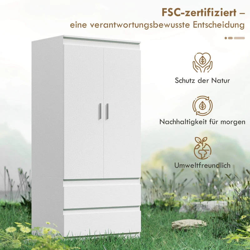 HOMCOM Schlafzimmer-Garderobe mit 2 Türen, 2 Schubladen, 3 Fächer, Holz, Weiß