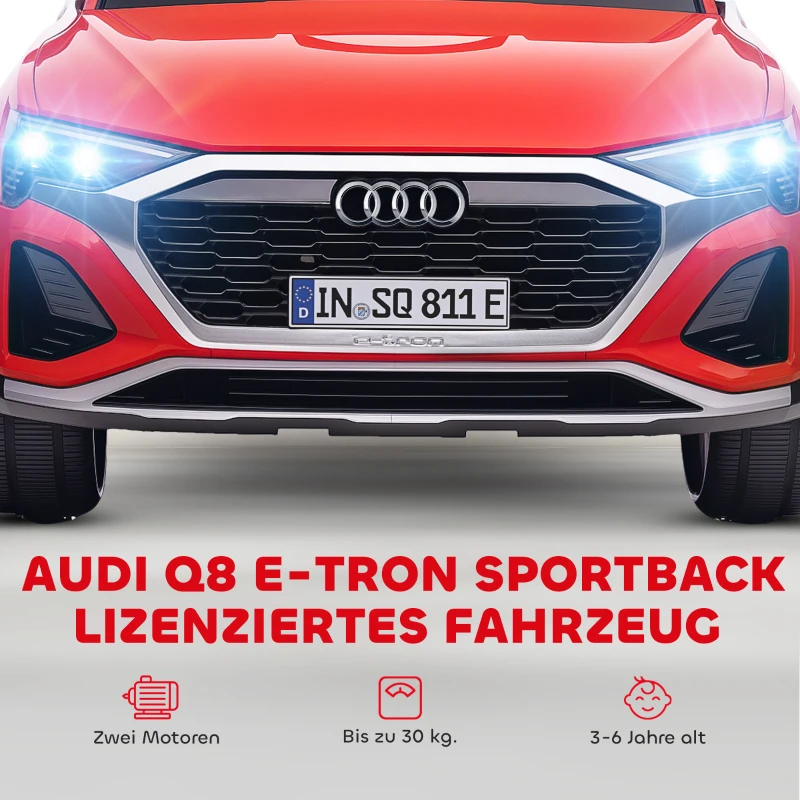 AIYAPLAY Elektro-Kinderauto, 12V Audi Q8, 3-5 km/h, Fernsteuerung, Scheinwerfer, Musik, Rot