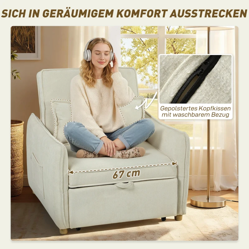 HOMCOM Schlafsessel 3 in 1 Umwandelbarer Sessel mit Bettfunktion, Lendenkissen, für Wohnzimmer Creme