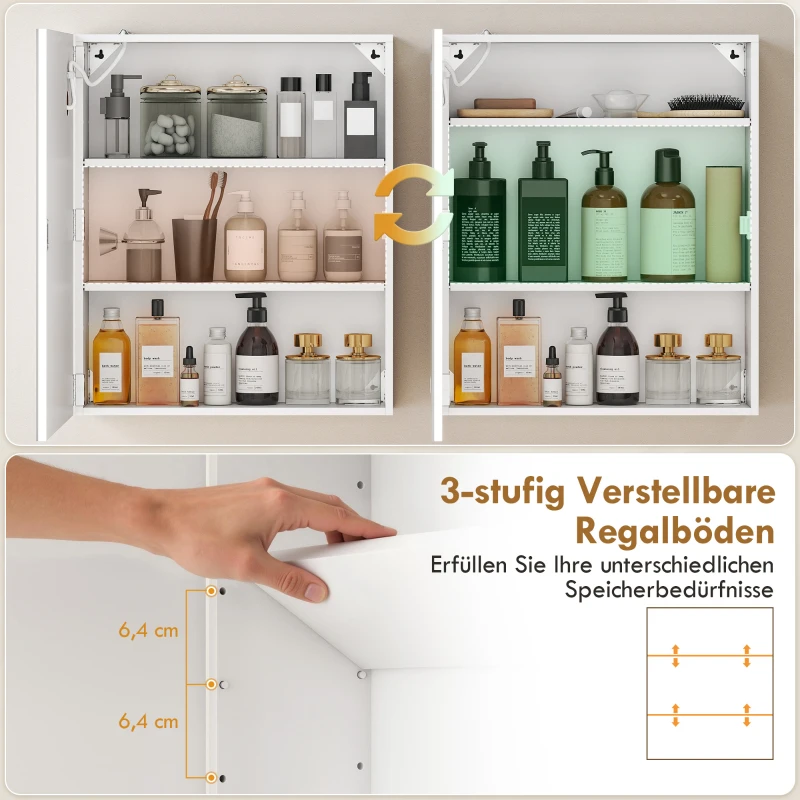 HOMCOM Spiegelschrank Bad mit Beleuchtung verstellbarem Regal, Tür, 3 Farbtemperaturen, Anti-Beschlag 50 x 15 x 60 cm Weiß